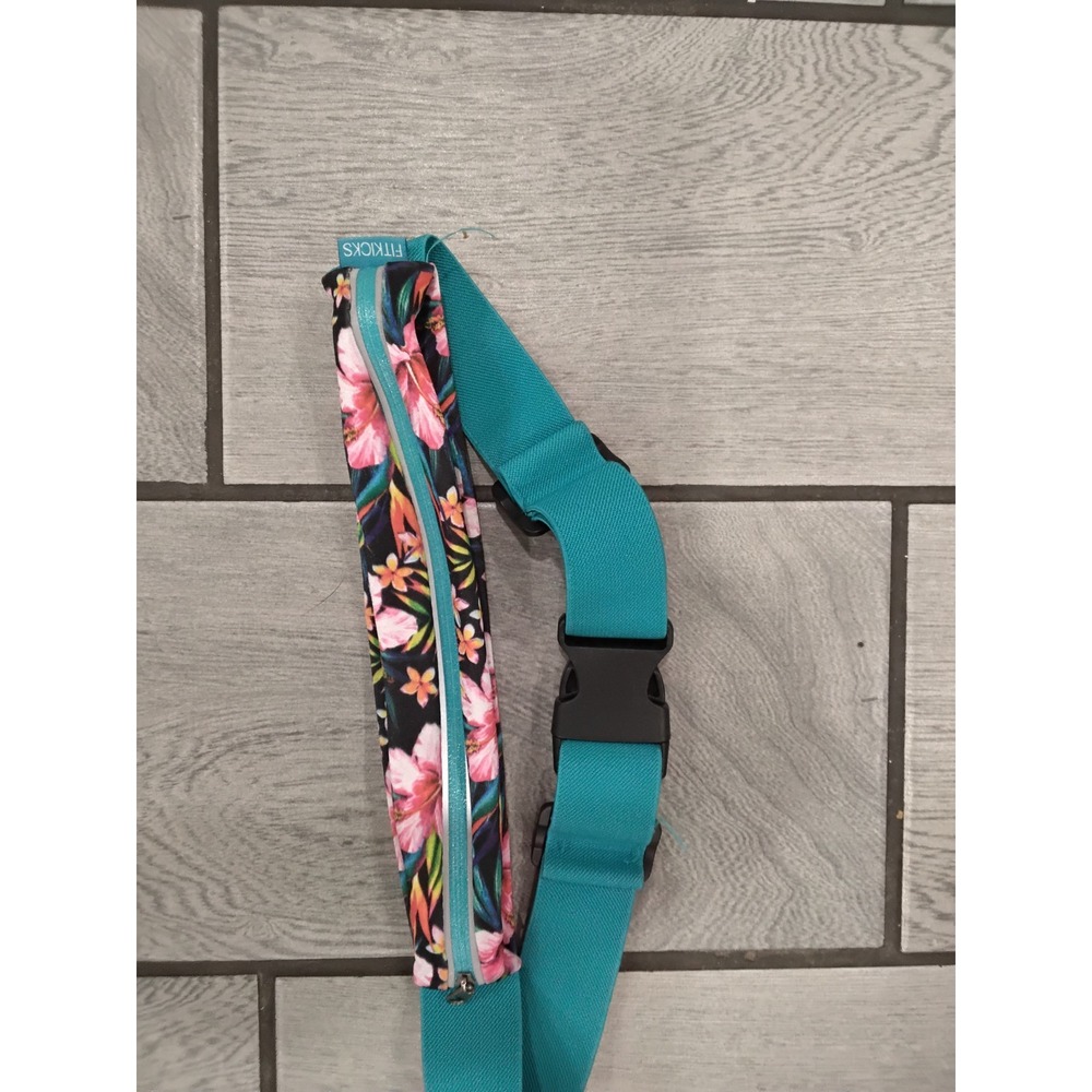 Fitkicks Tropical Floral Running Belt Waist Pack Teal Adjustable Elastic Strap